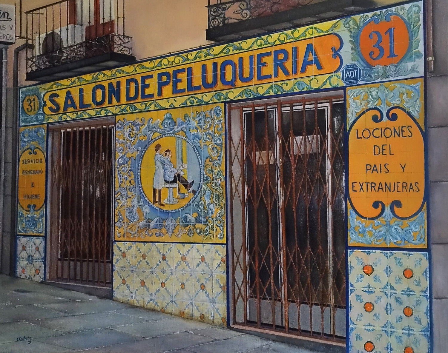Antiguo Salón de Peluquería -Madrid Tomás Castaño Originalgemälde zu verkaufen