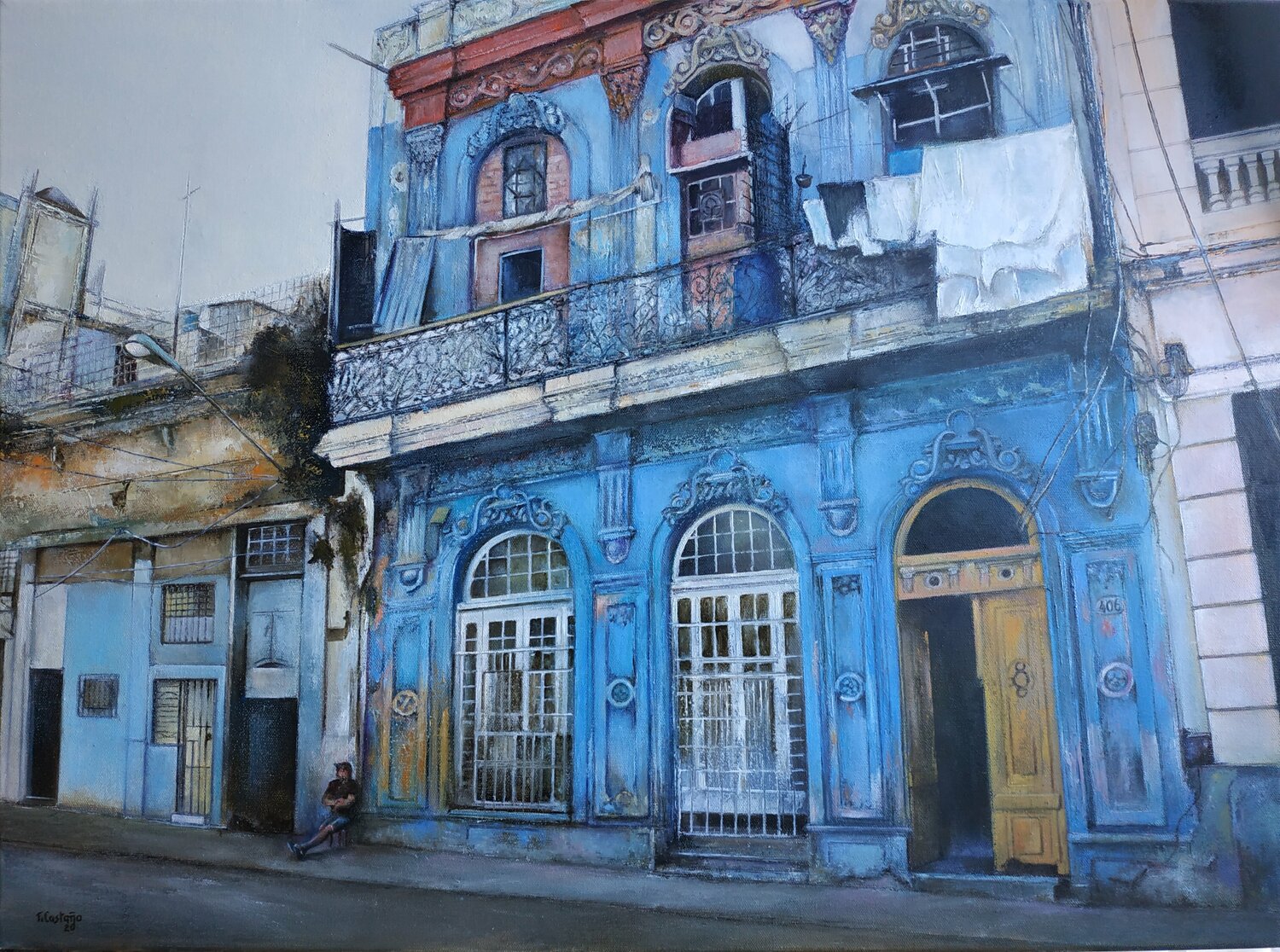 La casa azul- Habana vieja Tomás Castaño Peinture originale à vendre