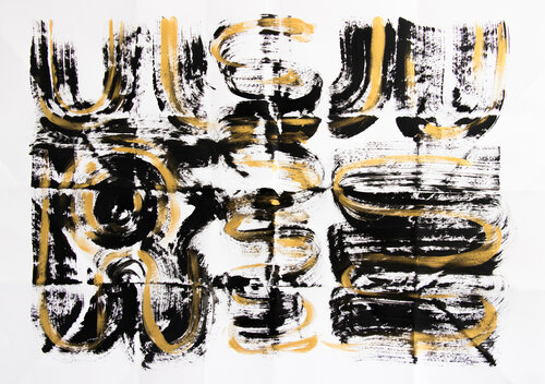Codes mnémoniques #008 - Art Abstrait contemporain en Noir, Blanc, Gold | Mémoire par Cristina Stefan, Œuvre sur papier en vente sur Singulart