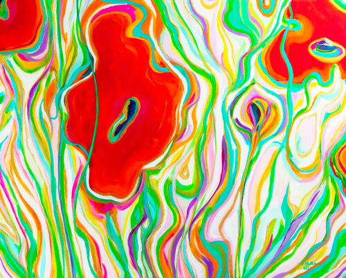 Jardin aux coquelicots rouges | Garden with Red Poppies | Jardín con amapolas rojas | Garten mit roten Mohnblumen de Cristina Stefan, Pintura a la venta en Singulart