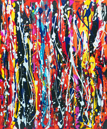 Viva la fiesta - Hommage à Jackson Pollock | Art Abstrait Coloré style "coulage" van Cristina Stefan, Schilderij te koop op Singulart