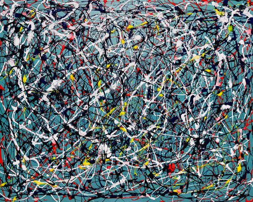 Danse cosmique - Hommage à Jackson Pollock | Peinture Abstraite sur Fond Vert by Cristina Stefan, Painting for Sale on Singulart