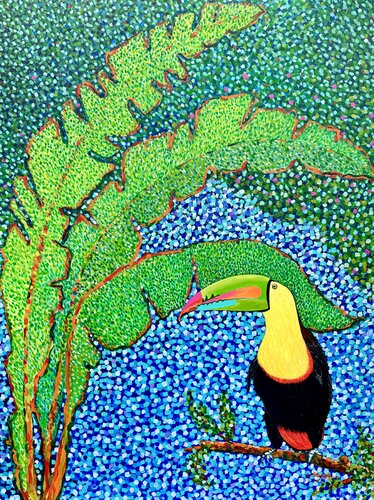 Paradis Tropical avec Toucan - Art Contemporain | Peinture Pointilliste d'Oiseau de Cristina Stefan, Pintura a la venta en Singulart