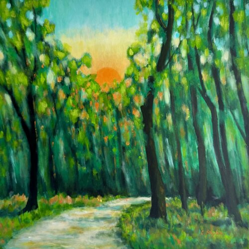 Balade en forêt | Paysage Lumineux au Coucher du Soleil di Cristina Stefan, Pittura in vendita su Singulart