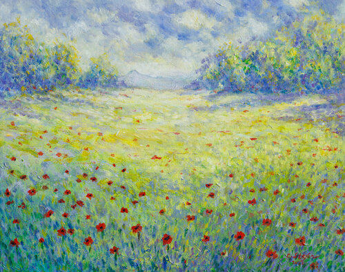 Champ de Coquelicots sous le Soleil d'Été - Paysage Impressionniste by Cristina Stefan, Painting for Sale on Singulart