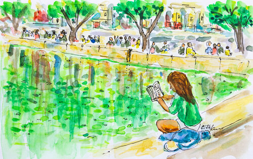 Lectrice sur le Canal Saint-Martin, Paris - Croquis von Cristina Stefan, Werk auf Papier kaufen auf Singulart