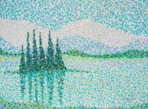 Réflexion paisible - Paysage avec Lac et Montagnes | Pointillisme de Cristina Stefan, Pintura a la venta en Singulart