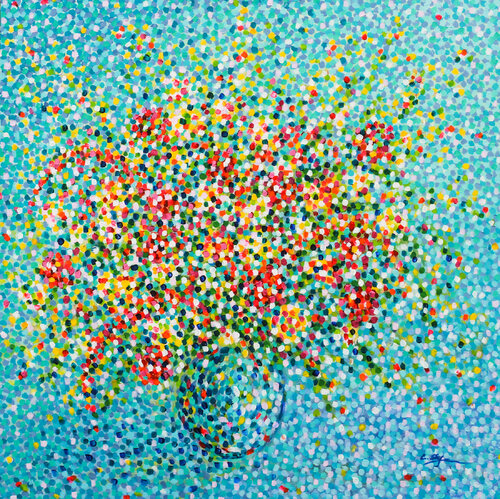 Bouquet de fleurs dans un vase - Peinture Pointillisme Originale | Art Floral von Cristina Stefan, Malerei kaufen auf Singulart