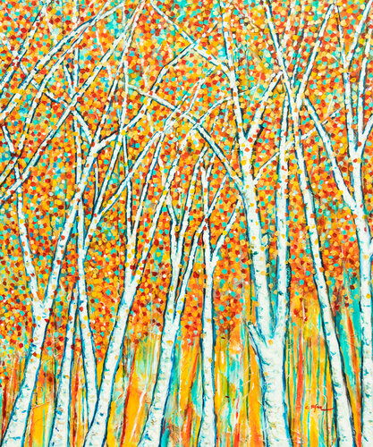 VENDU - Automne dorée - Forêt de bouleaux | Pointillisme Style Divisionniste van Cristina Stefan, Schilderij te koop op Singulart