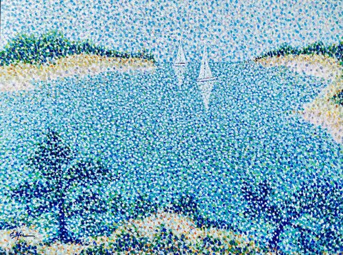 Bateaux sur les Calanques - Pointillisme | Paysage Marin de Cristina Stefan, Pintura a la venta en Singulart
