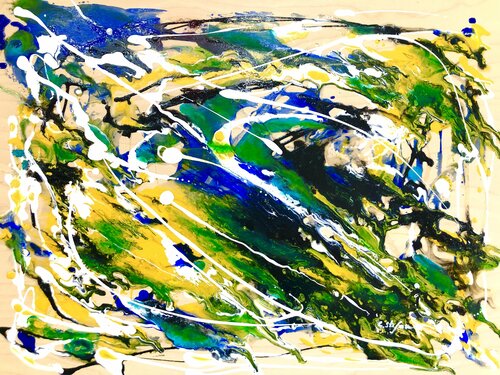 "Vol d'oiseau" - Hommage à Jackson Pollock | Peinture Abstraite sur Bois de Bouleau van Cristina Stefan, Schilderij te koop op Singulart