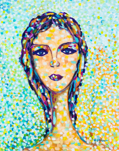 La Baigneuse - Peinture Pointilliste Originale | Portrait de Femme à la Plage van Cristina Stefan, Schilderij te koop op Singulart