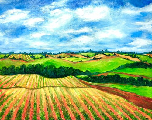 Champs de pommes de terre  |  Potatoe fields   |  Campos de papa  |  Kartoffelfelder par Cristina Stefan, Peinture en vente sur Singulart