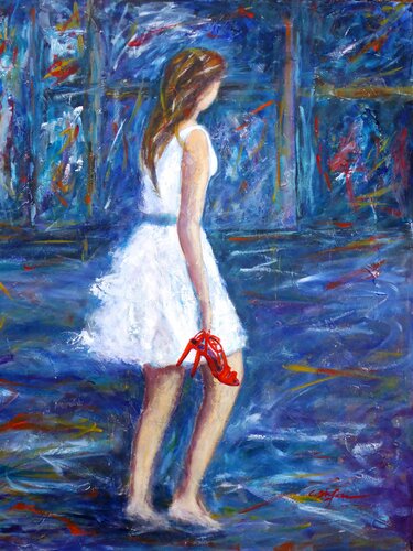 La jeune femme aux sandales rouges après le party | Young woman with red sandals after party | Mujer joven con sandalias rojas después la fiesta par Cristina Stefan, Peinture en vente sur Singulart