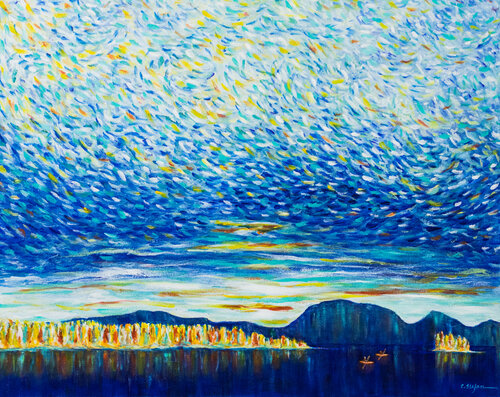 Mode de vie en plein air - En kayak sur le lac  |  Outdoor lifestyle - kayaking on the lake  |  Estilo de vida al aire libre - kayak en el lago  |  Kajakfahren auf dem See van Cristina Stefan, Schilderij te koop op Singulart