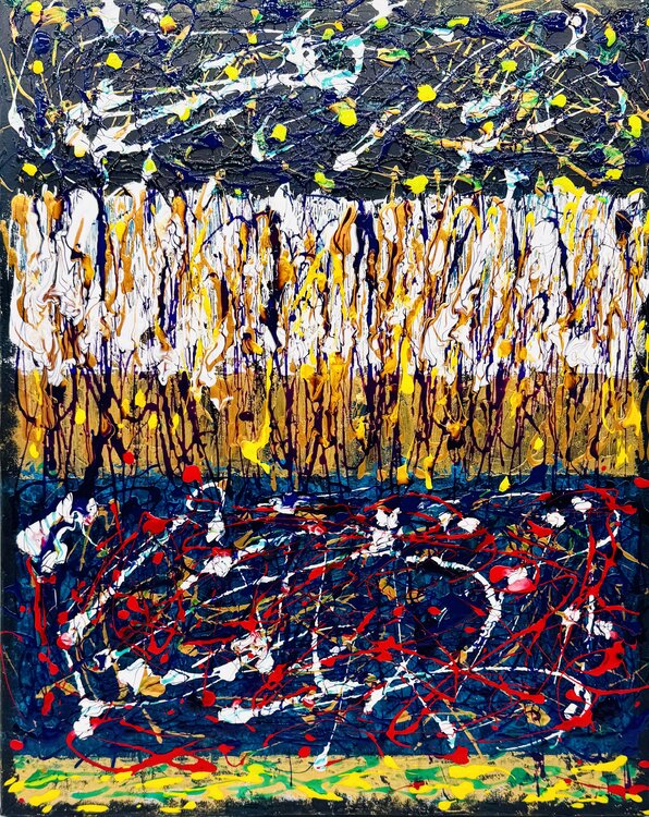 "Niveaux de perception" - Hommage à Jackson Pollock | Peinture Abstraite colorée à bandes horizontales Cristina Stefan