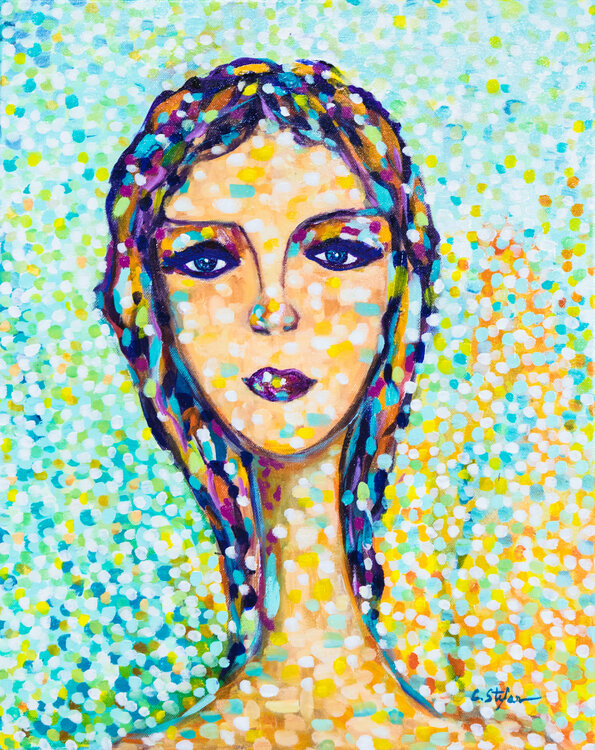 La Baigneuse - Peinture Pointilliste Originale | Portrait de Femme à la Plage Cristina Stefan