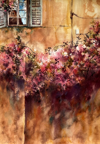 Bougainvillea an orange wall di Sophia Rodionov, Opera su carta in vendita su Singulart