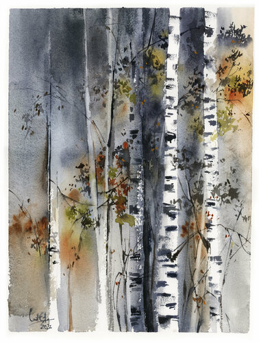 Birch trees forest van Sophia Rodionov, Werk op papier te koop op Singulart