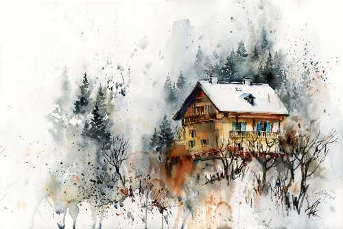 Snowy Landscape with Cabin di Sophia Rodionov, Opera su carta in vendita su Singulart