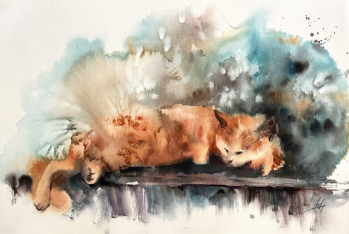 Sleeping Cat di Sophia Rodionov, Opera su carta in vendita su Singulart