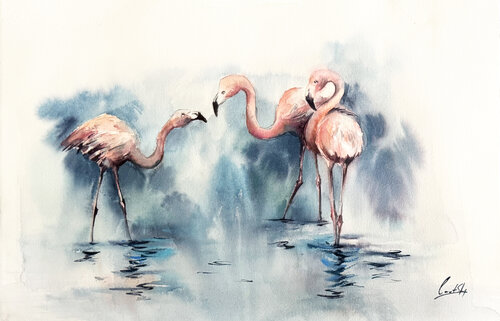 Pink Flamingos par Sophia Rodionov, Œuvre sur papier en vente sur Singulart