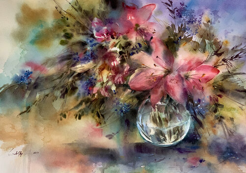 Lilac Flowers van Sophia Rodionov, Werk op papier te koop op Singulart