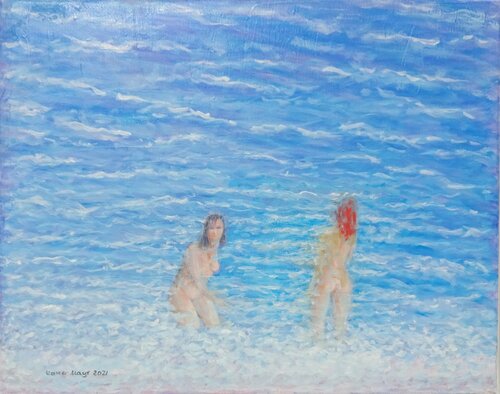 Two Women At The Beach van Volker Mayr, Schilderij te koop op Singulart
