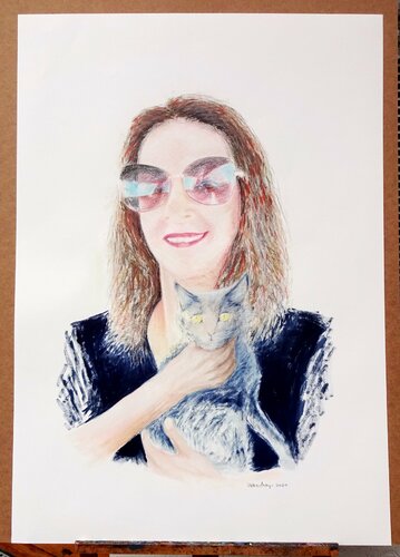 Woman With Cat by Volker Mayr, 종이 for Sale on Singulart