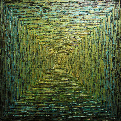 Dégradé carré vert bleu irisé van Jonathan Pradillon, Schilderij te koop op Singulart