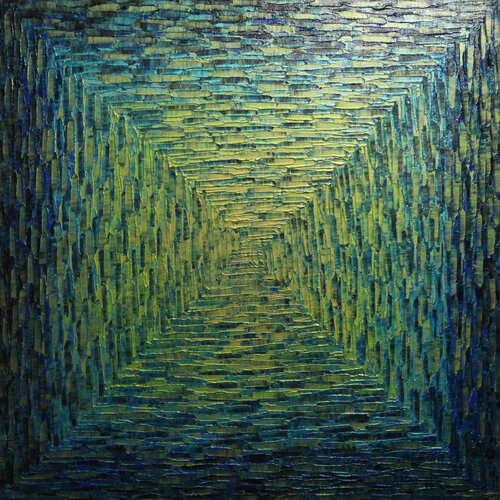 Grand dégradé carré or vert bleu irisé van Jonathan Pradillon, Schilderij te koop op Singulart