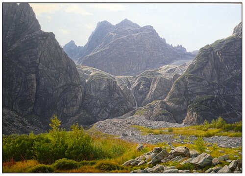 Rocky moraine above the Mountain Green lake van Emil Mlynárčik, Schilderij te koop op Singulart