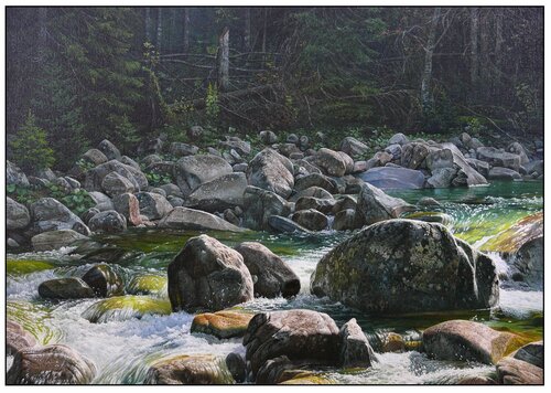 Stony bed of a mountain river in the Bielovodska valley par Emil Mlynárčik, Peinture en vente sur Singulart