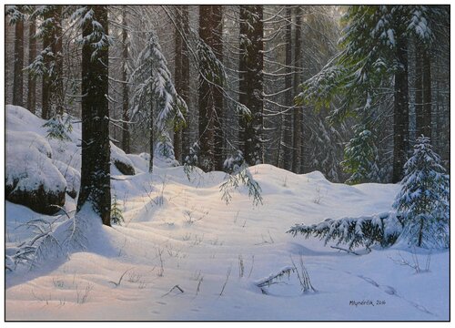 Winter in the spruce forest van Emil Mlynárčik, Schilderij te koop op Singulart