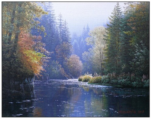 Calm waters of Hornád di Emil Mlynárčik, Pittura in vendita su Singulart
