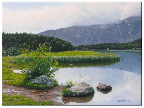 On the shore of a mountain lake van Emil Mlynárčik, Schilderij te koop op Singulart