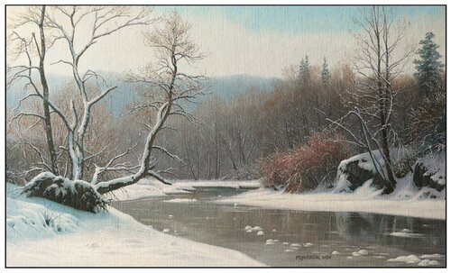 Winter bay the Hornad river van Emil Mlynárčik, Schilderij te koop op Singulart
