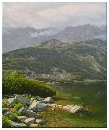 On the shore of a mountain lake van Emil Mlynárčik, Schilderij te koop op Singulart