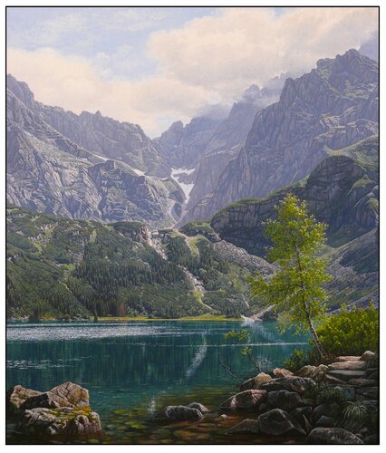 On the shore of the Morskie oko di Emil Mlynárčik, Pittura in vendita su Singulart