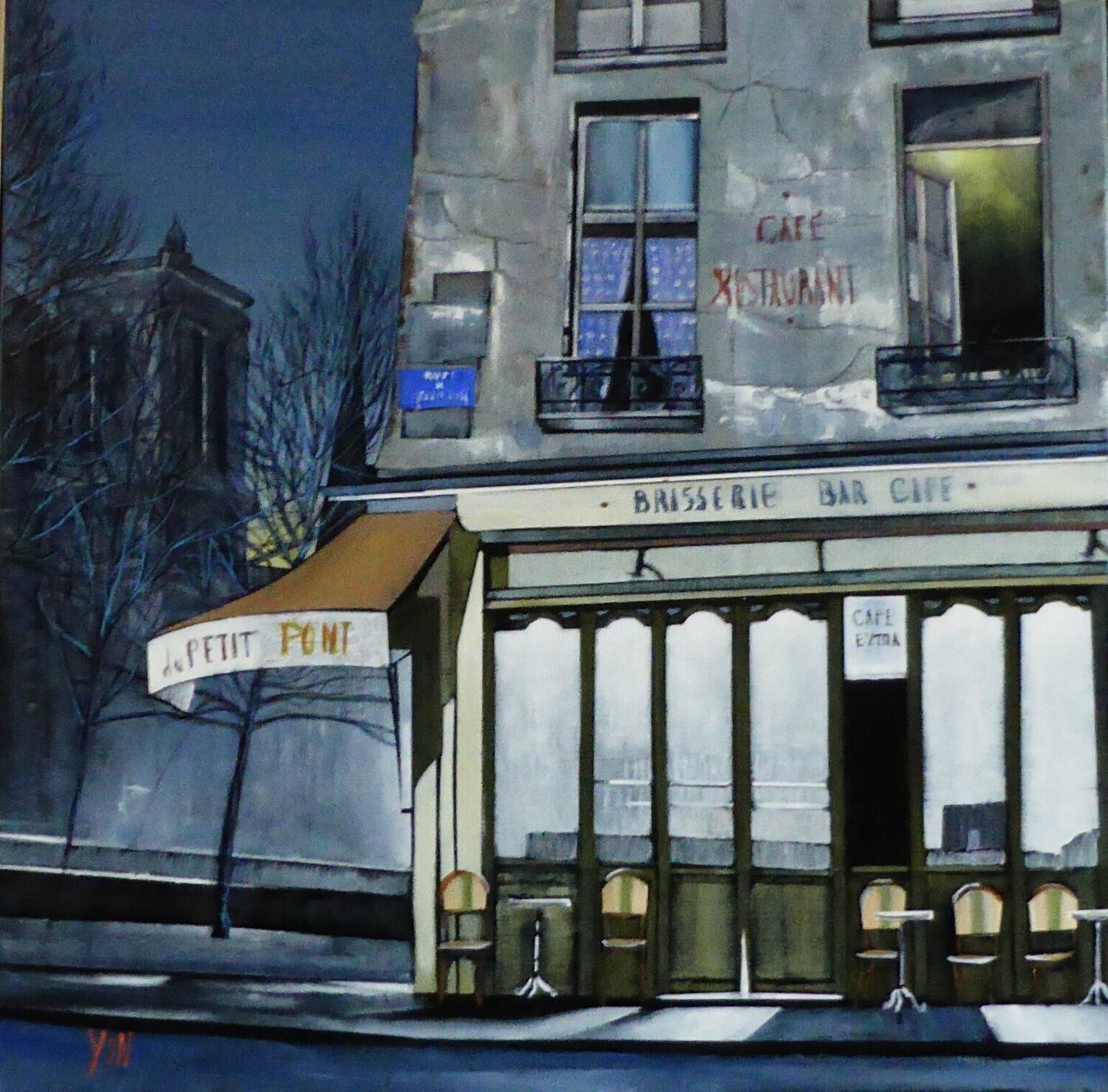le café de la rue du petit pont Jean-Michel Yon Originalgemälde zu verkaufen
