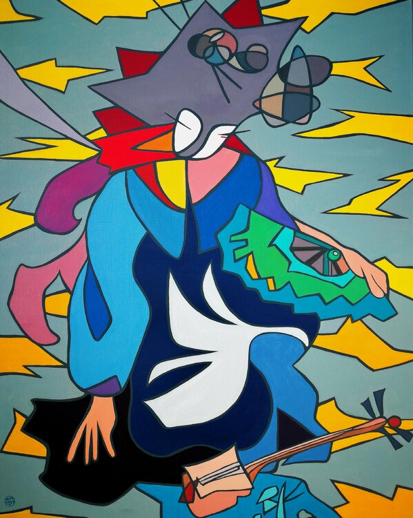 Geisha con abanico y shamisen Puche