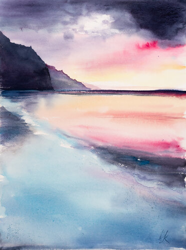***Sunset on the beach*** di Yuriy Kraft, Opera su carta in vendita su Singulart