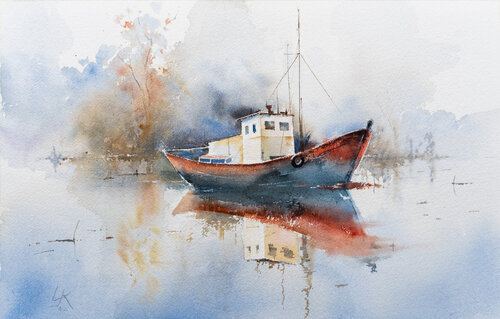 "Lakeside Dreams: Elegance in a Limited Color Palette Aquarelle" di Yuriy Kraft, Opera su carta in vendita su Singulart