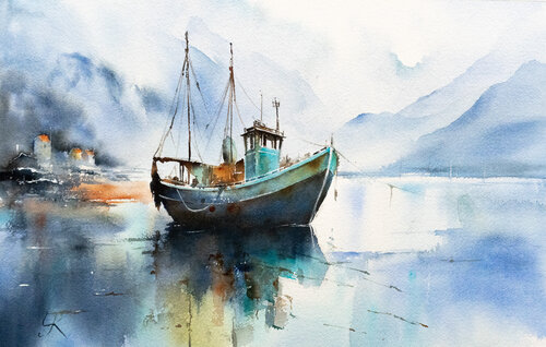 "Calm Waters and Coastal Charms: A Fischerboat Aquarelle" par Yuriy Kraft, Œuvre sur papier en vente sur Singulart