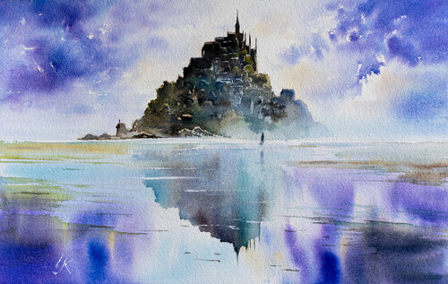 "Reflections of Grandeur: Le Mont-Saint-Michel in Aquarelle" by Yuriy Kraft, Work on Paper for Sale on Singulart