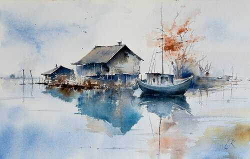 "Whispers of the Waters: A Village in Aquarelle" Yuriy Kraft