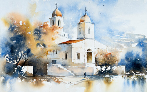 A Peaceful Sanctuary: A Watercolor Church Landscape Yuriy Kraft