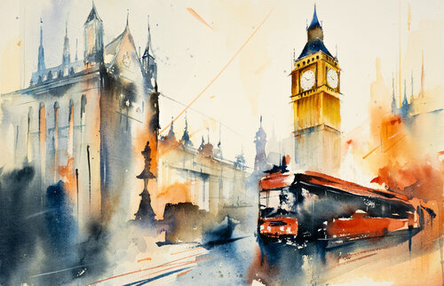 "Aquarelle Elegance: Westminster's Iconic Silhouette" di Yuriy Kraft, Pittura in vendita su Singulart