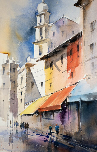 "City Vibes in Watercolor: A Stroll Invitation" di Yuriy Kraft, Pittura in vendita su Singulart