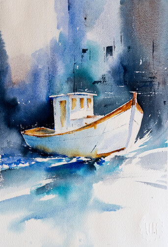 "White Boat, Blue Silence" par Yuriy Kraft, Peinture en vente sur Singulart